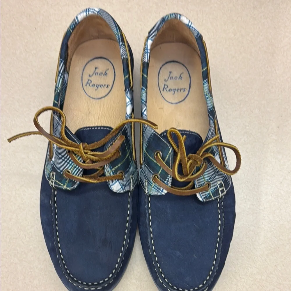 Jack Rogers Easton Blue Boat Shoes with Plaid Accents